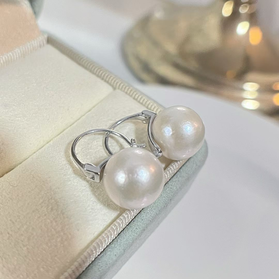 Large Pearl Levelback Earrings | 11–12mm Natural Freshwater Pearls | Rhodium-Plated Sterling Silver