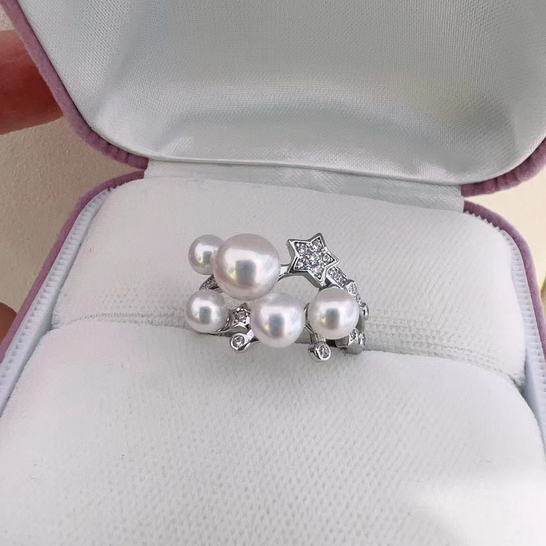 Starry Pearl Ring | 14K White Gold Filled | 5 Genuine Freshwater Pearls | Dainty Adjustable Band