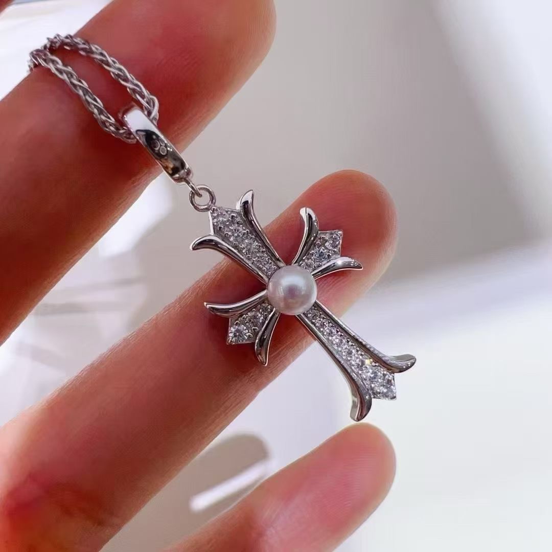 Cross Star Chain Necklace | 5–6mm Genuine Pearl | Silver Tone | Celestial Jewelry