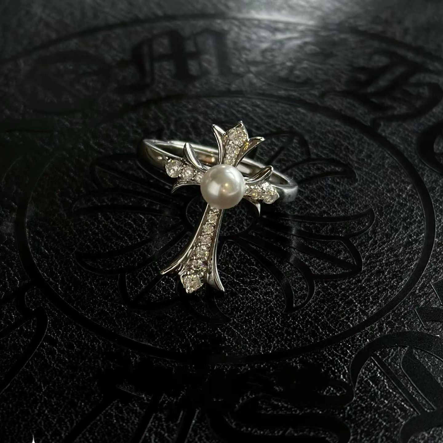 Cross Star Pearl Ring | 5–6mm Genuine Pearl | Sterling Silver Tone | Adjustable Band