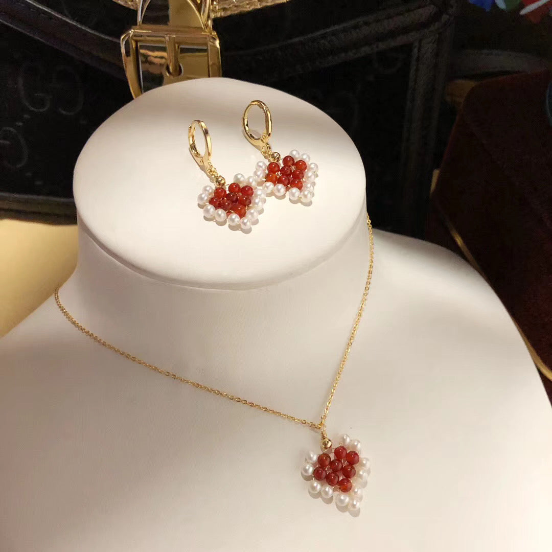 Handcrafted Red Agate & Pearl Earrings and Necklace Set