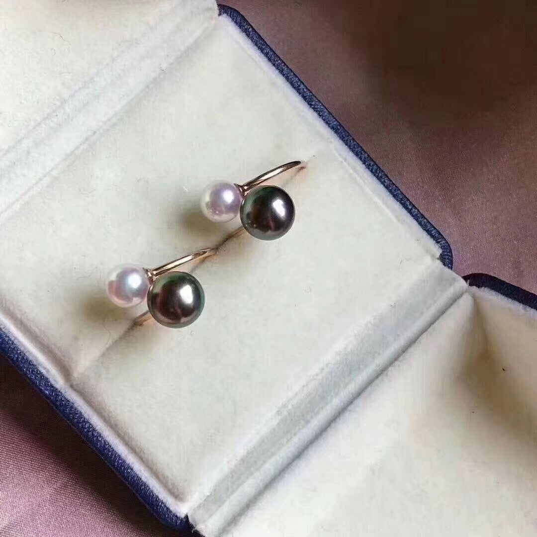 Tahitian and Akoya Pearls Handmade Ring in 18K Gold By MMK