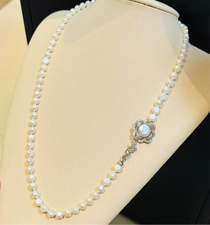 Flower Clasp Baroque Pearl Necklace | 8–9mm Baroque & Button Pearls | 70cm / 27.5in | Handcrafted Elegant Jewelry