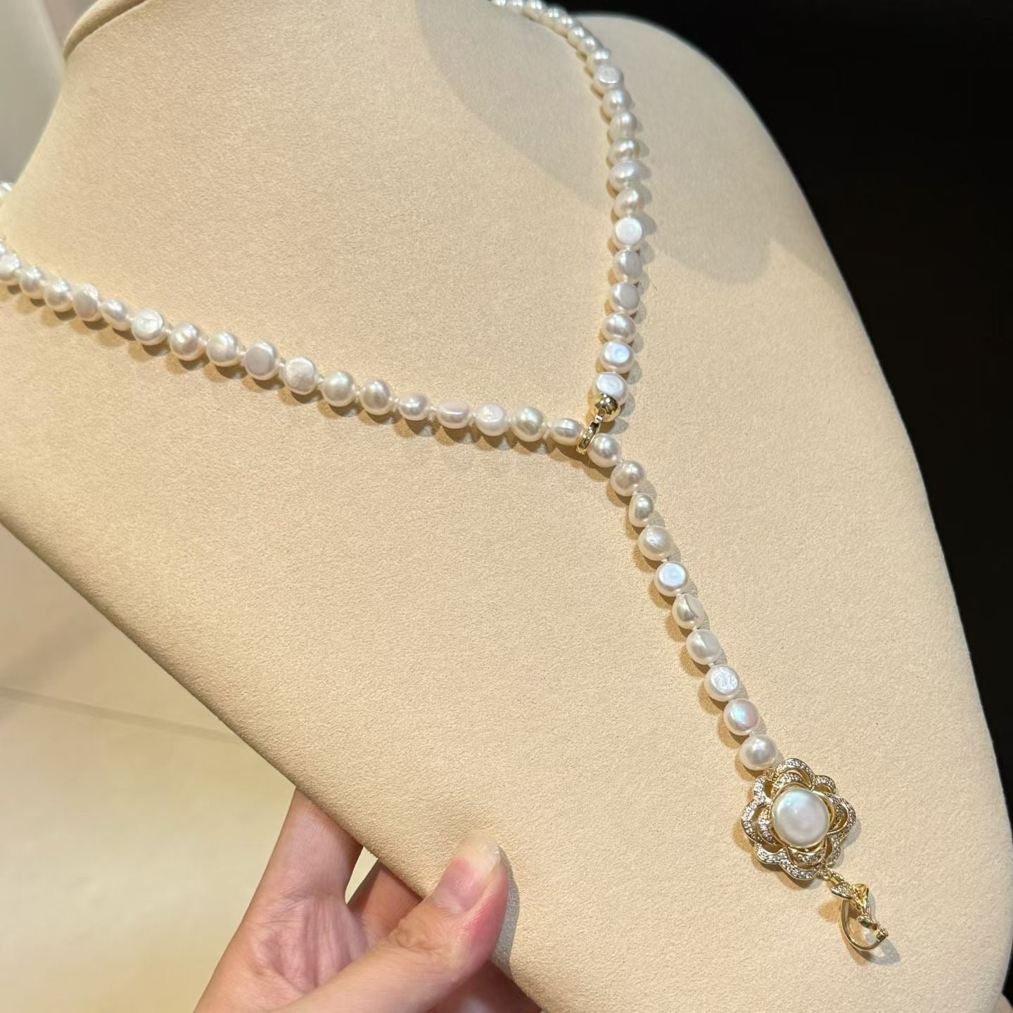 Flower Clasp Baroque Pearl Necklace | 8–9mm Baroque & Button Pearls | 70cm / 27.5in | Handcrafted Elegant Jewelry