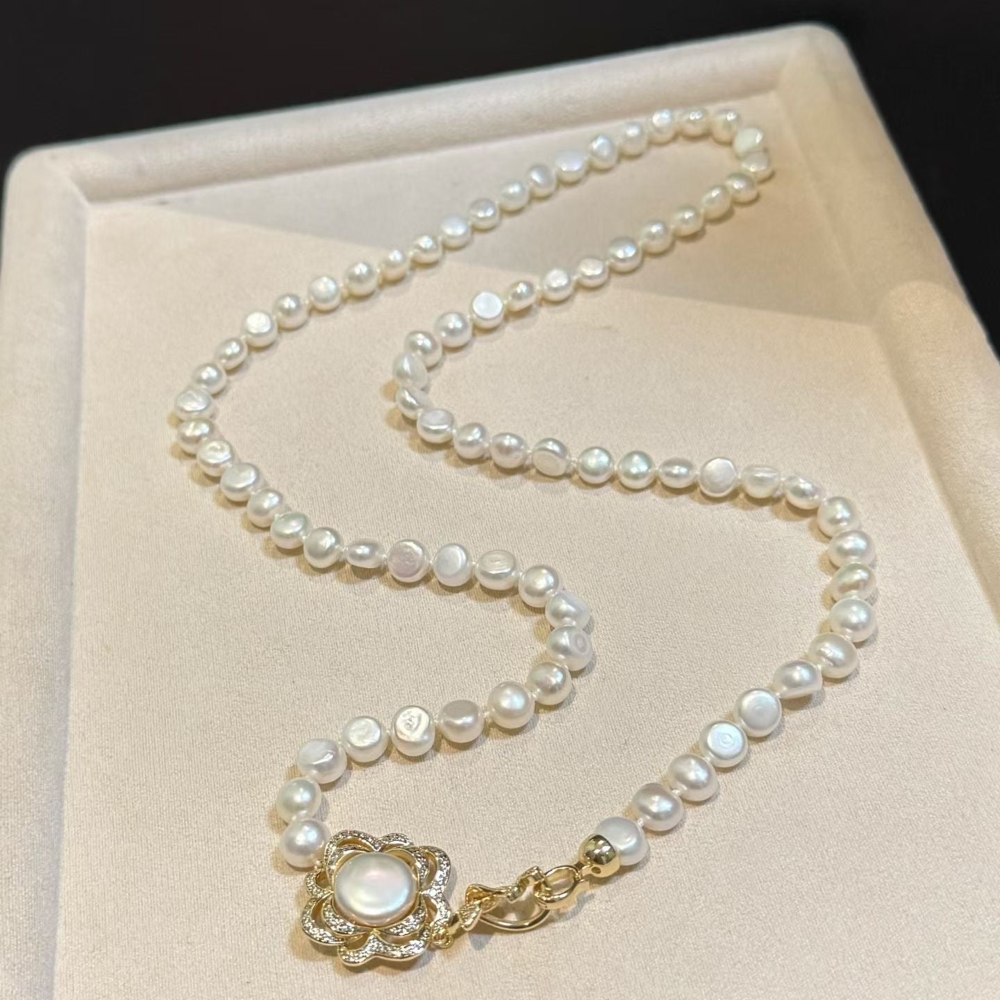Flower Clasp Baroque Pearl Necklace | 8–9mm Baroque & Button Pearls | 70cm / 27.5in | Handcrafted Elegant Jewelry