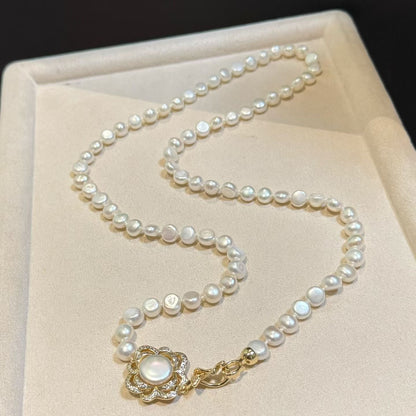 Flower Clasp Baroque Pearl Necklace | 8–9mm Baroque & Button Pearls | 70cm / 27.5in | Handcrafted Elegant Jewelry