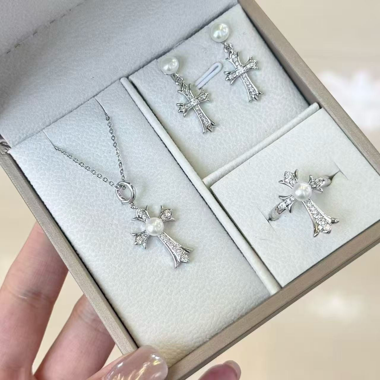 Cross Star Jewelry Set | Stud Earrings, Necklace & Ring | 5–6mm Pearls | Hypoallergenic Gift Set for Women