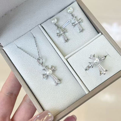 Cross Star Jewelry Set | Stud Earrings, Necklace & Ring | 5–6mm Pearls | Hypoallergenic Gift Set for Women