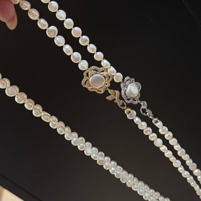 Flower Clasp Baroque Pearl Necklace | 8–9mm Baroque & Button Pearls | 70cm / 27.5in | Handcrafted Elegant Jewelry