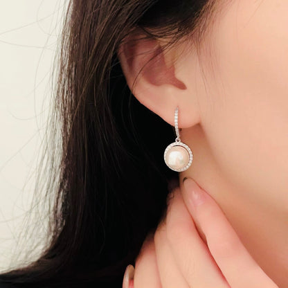 Floral Leverback Pearl Earrings | Sunflower Design ｜ 14K White Gold Filled | 8.5-9.0mm Pearls
