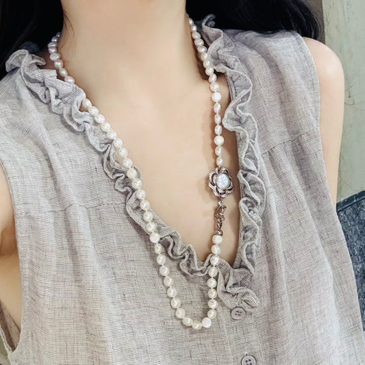 Flower Clasp Baroque Pearl Necklace | 8–9mm Baroque & Button Pearls | 70cm / 27.5in | Handcrafted Elegant Jewelry