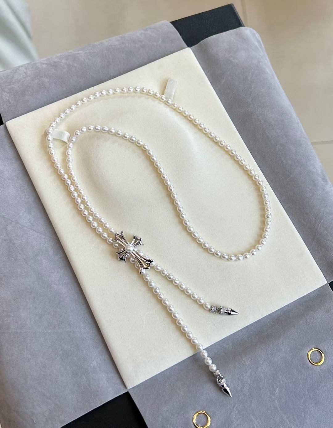 Trendy Long Pearl Necklace with Cross Pendant | 33.5 in / 85cm Handcrafted | Pearls 4–5mm | Elegant Chrome Heart-Inspired Jewelry for Women