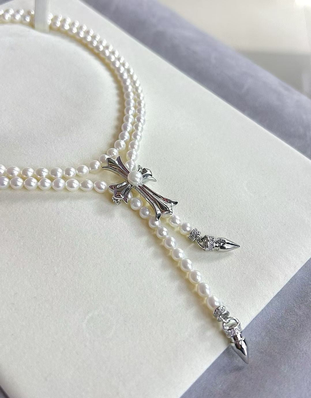 Trendy Long Pearl Necklace with Cross Pendant | 33.5 in / 85cm Handcrafted | Pearls 4–5mm | Elegant Chrome Heart-Inspired Jewelry for Women