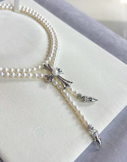 Trendy Long Pearl Necklace with Cross Pendant | 33.5 in / 85cm Handcrafted | Pearls 4–5mm | Elegant Chrome Heart-Inspired Jewelry for Women