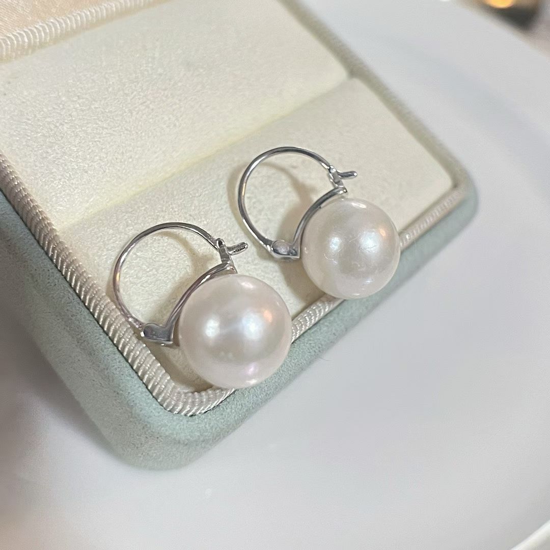 Large Pearl Levelback Earrings | 11–12mm Natural Freshwater Pearls | Rhodium-Plated Sterling Silver