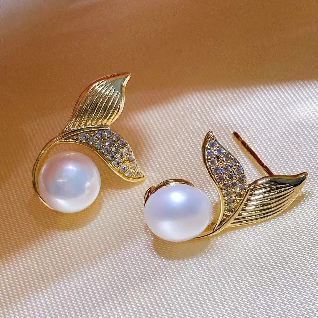 Mermaid Tail Pearl Jewelry Set | 14K Gold Filled | 5–8mm Genuine Freshwater Pearls | Necklace, Stud Earrings & Ring