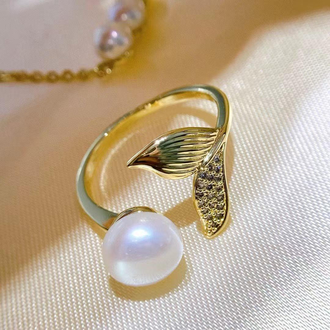 Mermaid Tail Pearl Jewelry Set | 14K Gold Filled | 5–8mm Genuine Freshwater Pearls | Necklace, Stud Earrings & Ring