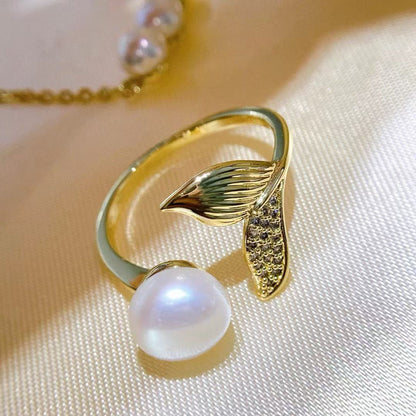 Mermaid Tail Pearl Jewelry Set | 14K Gold Filled | 5–8mm Genuine Freshwater Pearls | Necklace, Stud Earrings & Ring