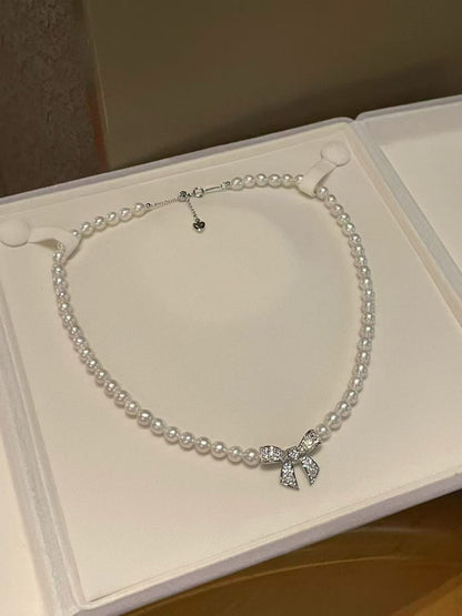 Sparkling Bow & Pearls Necklace & Bracelet Set | 6–7mm Baroque Pearls | Elegant Bridal Jewelry Gift
