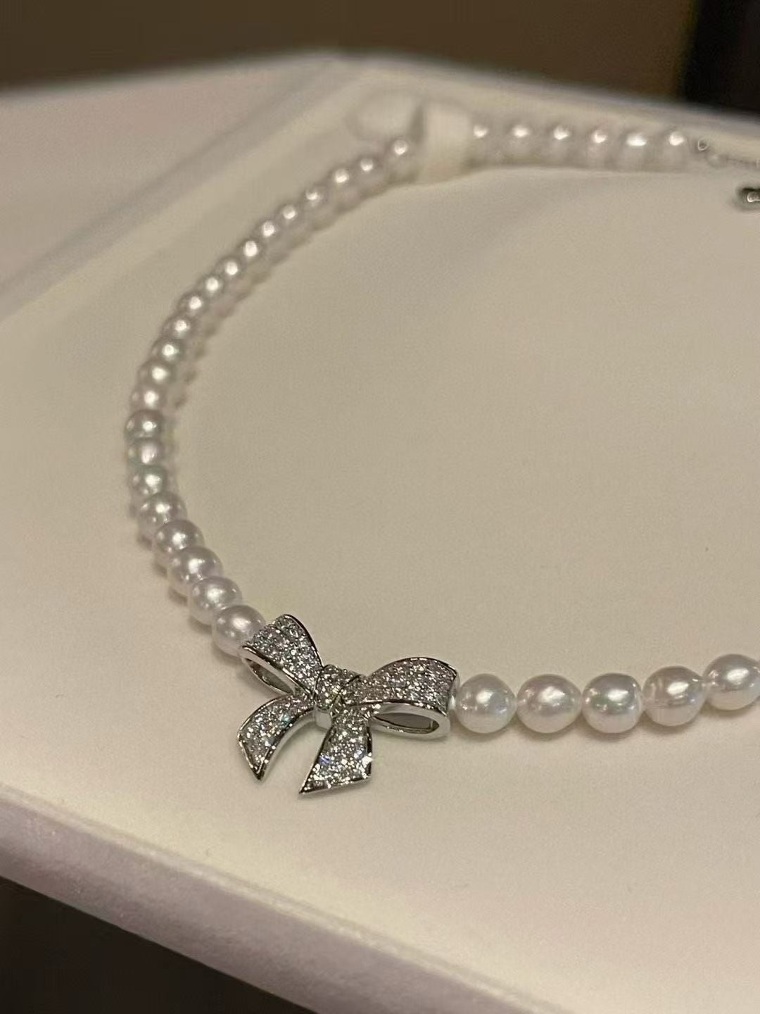 Sparkling Bow & Pearls Necklace & Bracelet Set | 6–7mm Baroque Pearls | Elegant Bridal Jewelry Gift