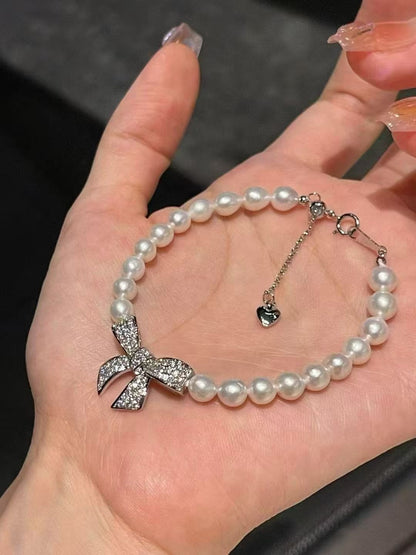 Sparkling Bow & Pearls Necklace & Bracelet Set | 6–7mm Baroque Pearls | Elegant Bridal Jewelry Gift
