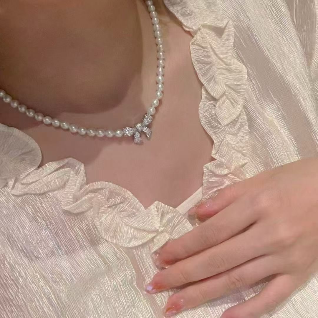 Sparkling Bow & Pearls Necklace & Bracelet Set | 6–7mm Baroque Pearls | Elegant Bridal Jewelry Gift