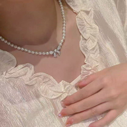 Sparkling Bow & Pearls Necklace & Bracelet Set | 6–7mm Baroque Pearls | Elegant Bridal Jewelry Gift