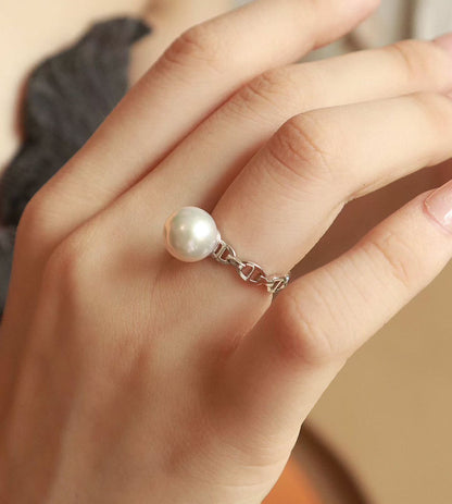 S925 Sterling Silver Pearl Ring | 10–11mm Genuine Freshwater Pearl | Adjustable Band | Classic Minimalist Jewelry