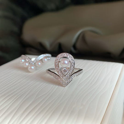 Starry Pearl 2-Ring Set | 14K White Gold Filled | 6 Genuine Pearls | Dainty Adjustable
