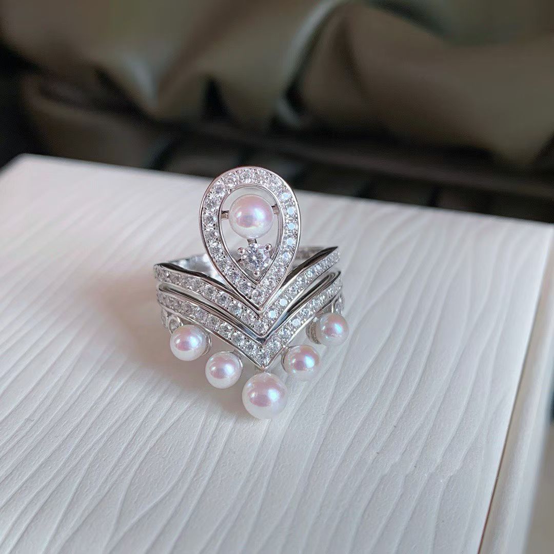Starry Pearl 2-Ring Set | 14K White Gold Filled | 6 Genuine Pearls | Dainty Adjustable