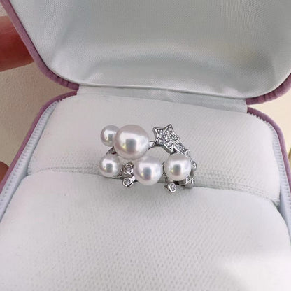 Starry Pearl Ring | 14K White Gold Filled | 5 Genuine Freshwater Pearls | Dainty Adjustable Band
