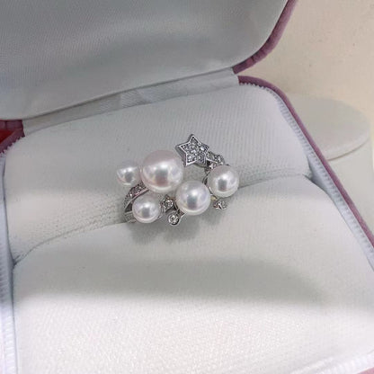 Starry Pearl Ring | 14K White Gold Filled | 5 Genuine Freshwater Pearls | Dainty Adjustable Band