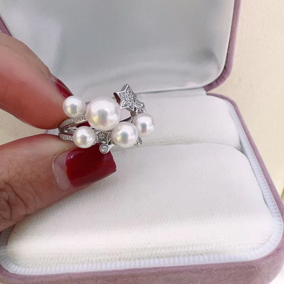 Starry Pearl Ring | 14K White Gold Filled | 5 Genuine Freshwater Pearls | Dainty Adjustable Band