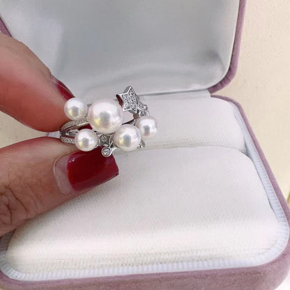 Starry Pearl Ring | 14K White Gold Filled | 5 Genuine Freshwater Pearls | Dainty Adjustable Band