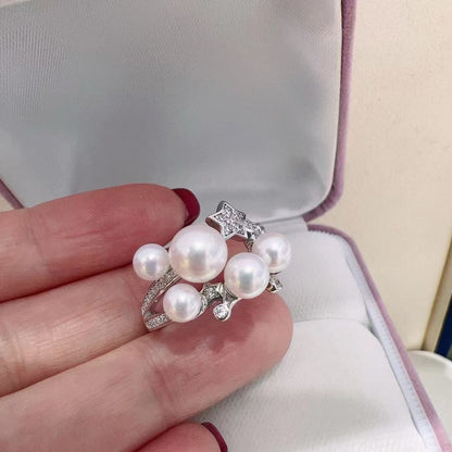 Starry Pearl Ring | 14K White Gold Filled | 5 Genuine Freshwater Pearls | Dainty Adjustable Band