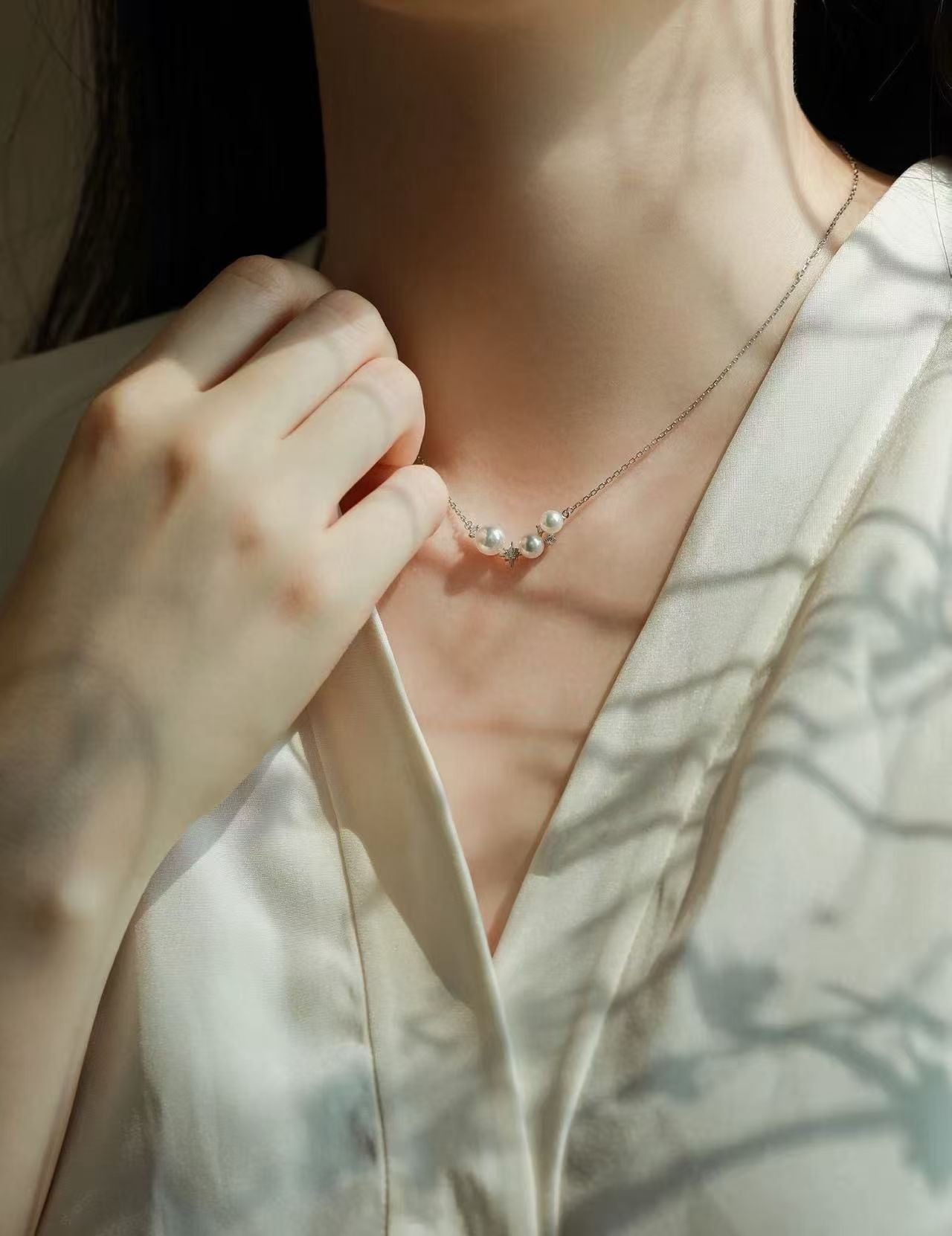 Starry Pearl Necklace | 5–8mm Genuine Freshwater Pearl | 14K White Gold Filled | Dainty Celestial Jewelry