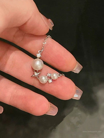 Starry Pearl Necklace | 5–8mm Genuine Freshwater Pearl | 14K White Gold Filled | Dainty Celestial Jewelry