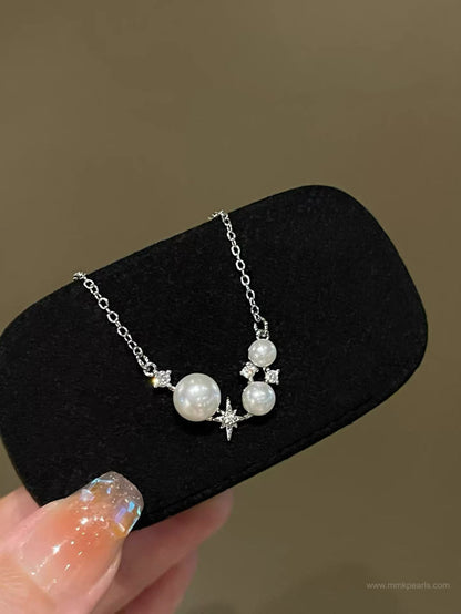 Starry Pearl Necklace | 5–8mm Genuine Freshwater Pearl | 14K White Gold Filled | Dainty Celestial Jewelry