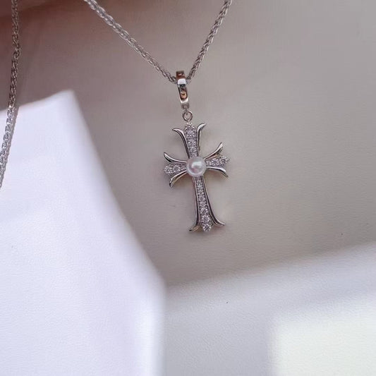 Cross Star Chain Necklace | 5–6mm Genuine Pearl | Silver Tone | Celestial Jewelry