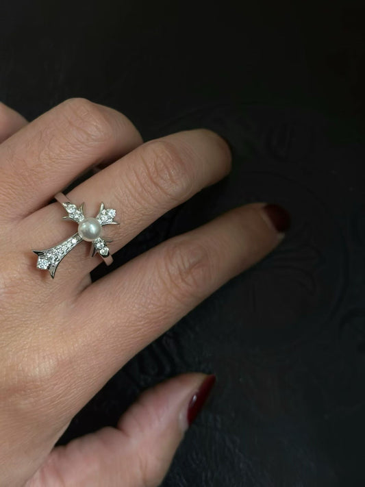 Cross Star Pearl Ring | 5–6mm Genuine Pearl | Sterling Silver Tone | Adjustable Band