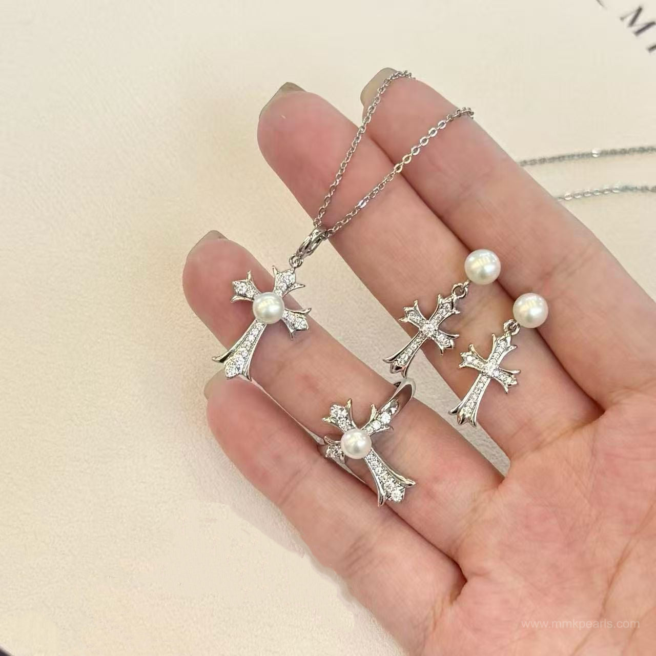 Cross Star Jewelry Set | Stud Earrings, Necklace & Ring | 5–6mm Pearls | Hypoallergenic Gift Set for Women