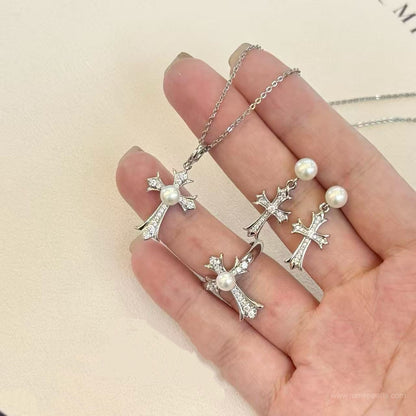 Cross Star Jewelry Set | Stud Earrings, Necklace & Ring | 5–6mm Pearls | Hypoallergenic Gift Set for Women
