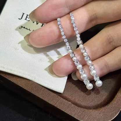 Sparkling Pearl Long Dangle Earrings | Timeless Elegant Style | 5-Pearl Version