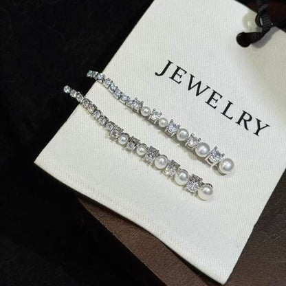Sparkling Pearl Long Dangle Earrings | Timeless Elegant Style | 5-Pearl Version