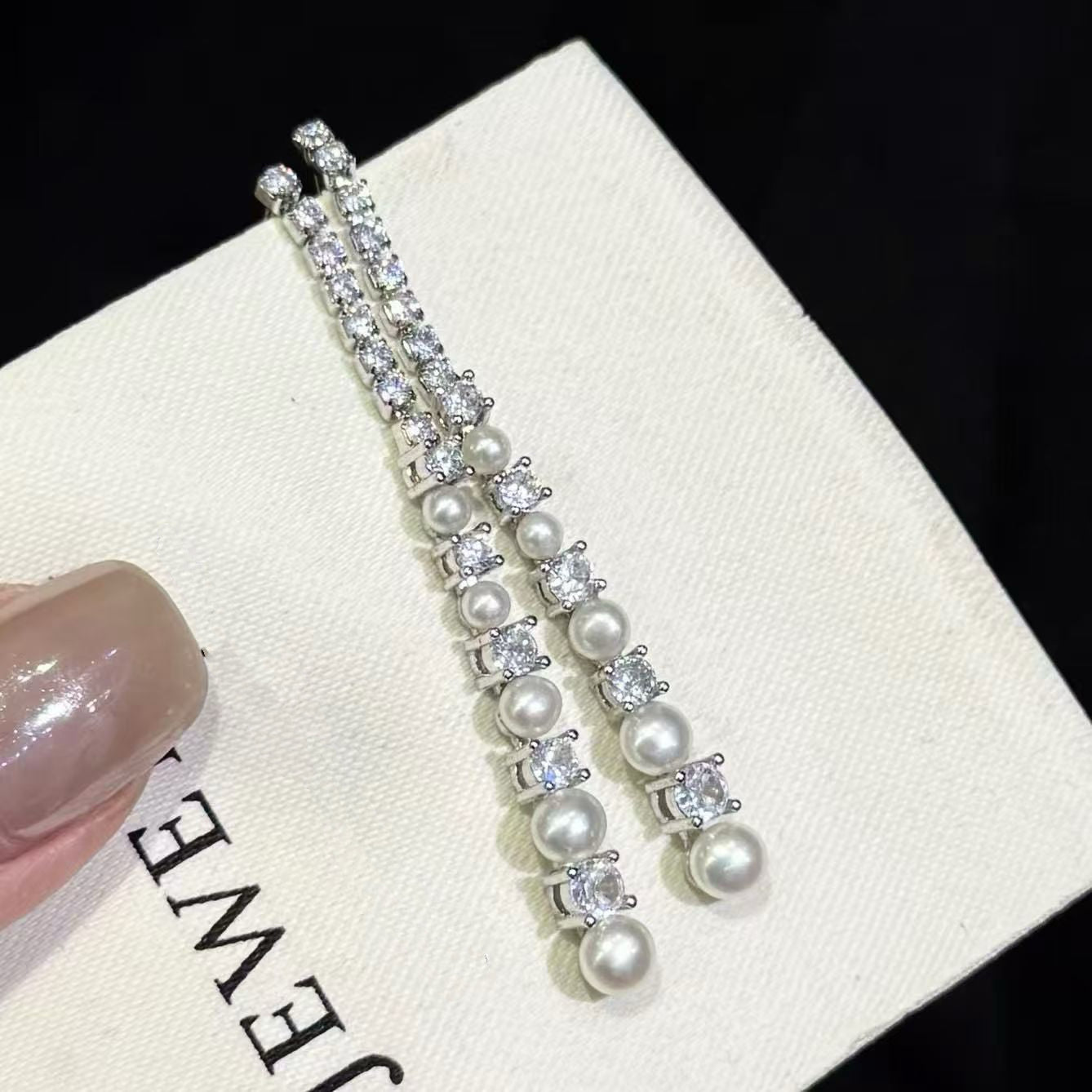 Sparkling Pearl Long Dangle Earrings | Timeless Elegant Style | 5-Pearl Version