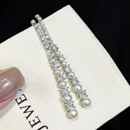 Sparkling Pearl Long Dangle Earrings | Timeless Elegant Style | 5-Pearl Version
