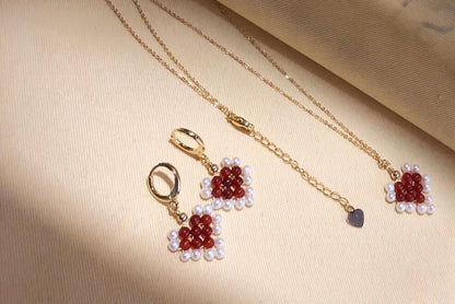 Handcrafted Red Agate & Pearl Earrings and Necklace Set