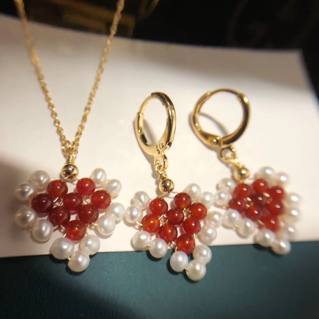 Handcrafted Red Agate & Pearl Earrings and Necklace Set