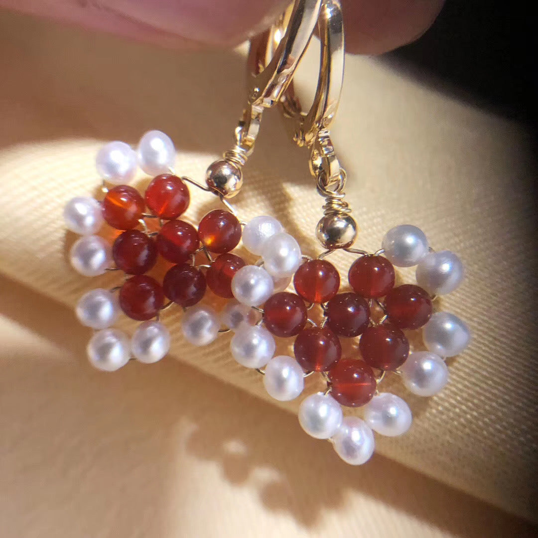 Handcrafted Red Agate & Pearl Earrings and Necklace Set