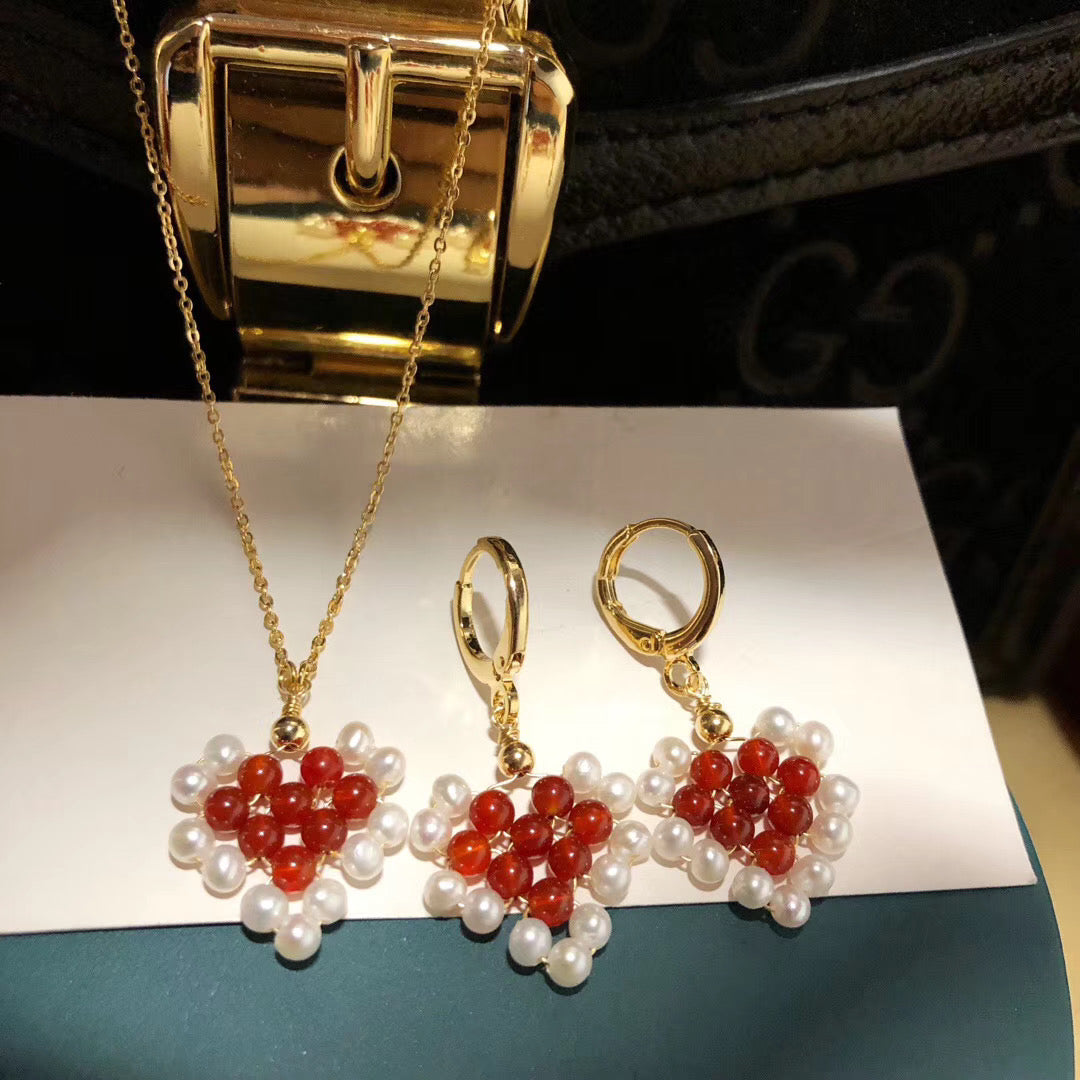 Handcrafted Red Agate & Pearl Earrings and Necklace Set